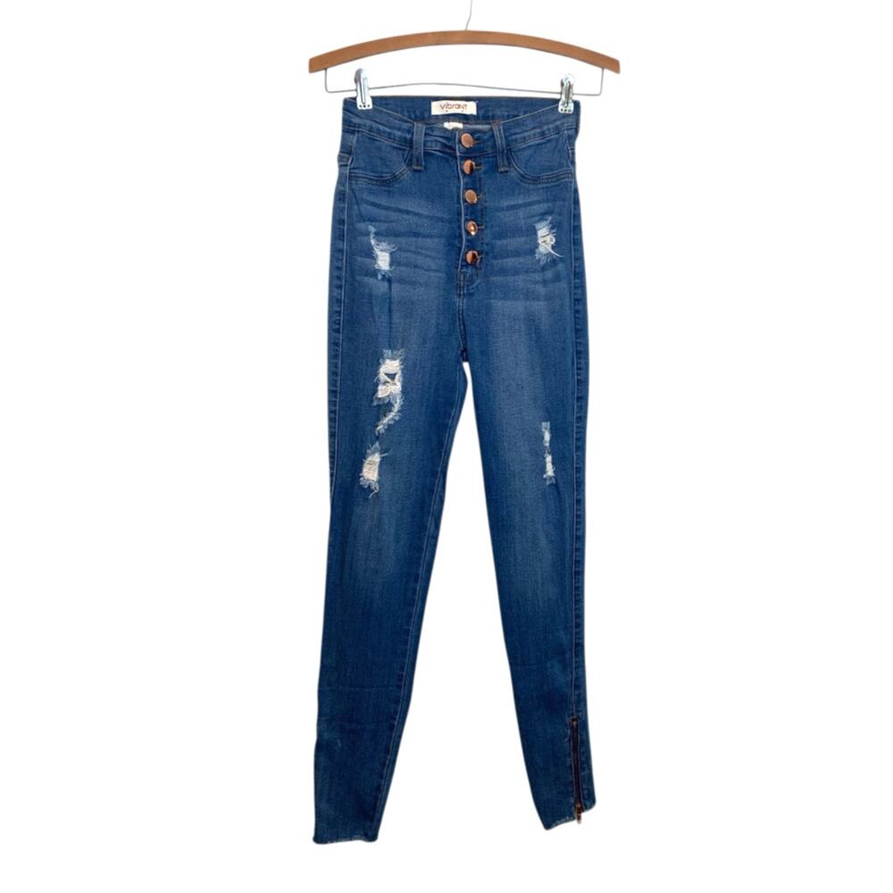 Women's Vibrant M.I.U. High Rise Button Fly Distressed Skinny Jeans Blue Size 0